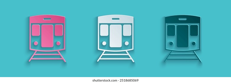 Tren de papel cortado e icono de ferrocarril aislado sobre fondo azul. Símbolo de transporte público. Transporte en tren subterráneo. Metro subterráneo. Estilo de arte de papel. Vector