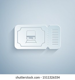 Paper cut Train ticket icon isolated on grey background. Travel by railway. Paper art style. Vector Illustration