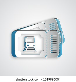 Paper cut Train ticket icon isolated on grey background. Travel by railway. Paper art style. Vector Illustration