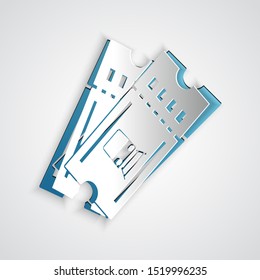 Paper cut Train ticket icon isolated on grey background. Travel by railway. Paper art style. Vector Illustration