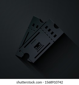 Paper cut Train ticket icon isolated on black background. Travel by railway. Paper art style. Vector Illustration
