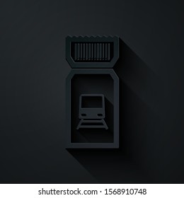 Paper cut Train ticket icon isolated on black background. Travel by railway. Paper art style. Vector Illustration