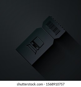 Paper cut Train ticket icon isolated on black background. Travel by railway. Paper art style. Vector Illustration
