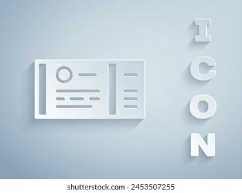Paper cut Train ticket icon isolated on grey background. Travel by railway. Paper art style. Vector