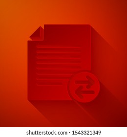 Paper cut Transfer files icon isolated on red background. Copy files, data exchange, backup, PC migration, file sharing concepts. Paper art style. Vector Illustration