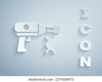 Papierschnitt Flüssigkeitstransfer Waffe in biologischen Labors Symbol einzeln auf grauem Hintergrund. Kunststil aus Papier. Vektorgrafik