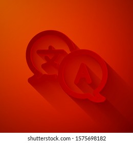 Paper cut Translator icon isolated on red background. Foreign language conversation icons in chat speech bubble. Translating concept. Paper art style. Vector Illustration