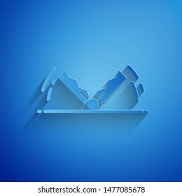 Paper cut Trap hunting icon isolated on blue background. Paper art style. Vector Illustration