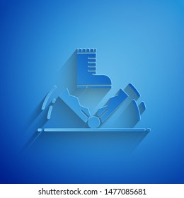 Paper cut Trap hunting icon isolated on blue background. Paper art style. Vector Illustration