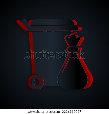 Paper cut Trash can and garbage bag icon isolated on black background. Garbage bin sign. Recycle basket icon. Office trash icon. Paper art style. Vector Illustration