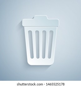 Paper cut Trash can icon isolated on grey background. Garbage bin sign. Paper art style. Vector Illustration