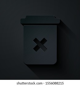 Paper cut Trash can icon isolated on black background. Delete icon. Garbage bin sign. Recycle basket icon. Office trash icon. Paper art style. Vector Illustration