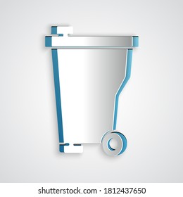 Paper cut Trash can icon isolated on grey background. Garbage bin sign. Recycle basket icon. Office trash icon. Paper art style. Vector.