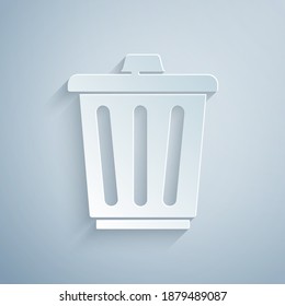 Paper cut Trash can icon isolated on grey background. Garbage bin sign. Recycle basket icon. Office trash icon. Paper art style. Vector.