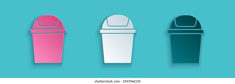 Paper cut Trash can icon isolated on blue background. Garbage bin sign. Recycle basket icon. Office trash icon. Paper art style. Vector