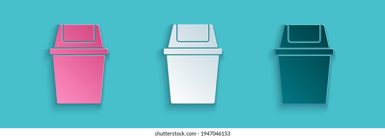 Recorte de papel El icono de la basura puede aislarse en el fondo azul. Signo de basurero. Icono de la canasta de reciclaje. Icono de papelera. Estilo de arte de papel. Vector
