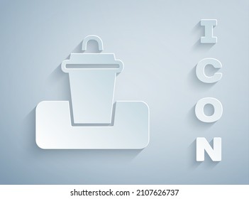 Paper cut Trash can icon isolated on grey background. Garbage bin sign. Recycle basket icon. Office trash icon. Paper art style. Vector