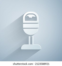 Paper cut Trash can icon isolated on grey background. Garbage bin sign. Recycle basket icon. Office trash icon. Paper art style. Vector