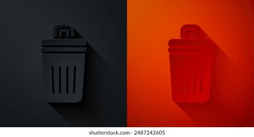 Paper cut Trash can icon isolated on black and red background. Garbage bin sign. Recycle basket icon. Office trash icon. Paper art style. Vector