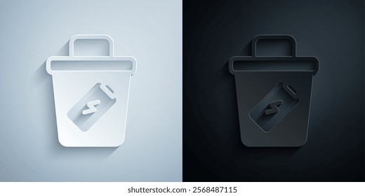 Paper cut Trash can icon isolated on grey and black background. Garbage bin sign. Recycle basket icon. Office trash icon. Paper art style. Vector