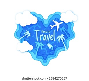 Paper cut travel banner with heart, beach palms and airplane flying over tropical island surrounded by blue water, palm trees, clouds and boat. Time to travel concept for vacation, tourism, adventure