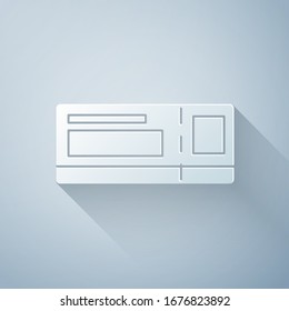 Paper cut Travel ticket icon isolated on grey background. Train, ship, plane, tram, bus transport. Travel service concept. Paper art style. Vector Illustration