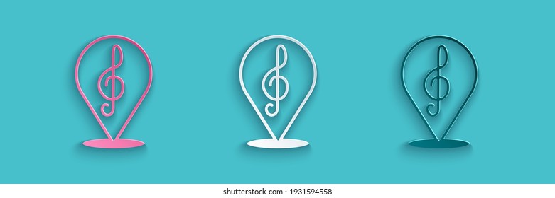 Paper cut Treble clef icon isolated on blue background. Paper art style. Vector