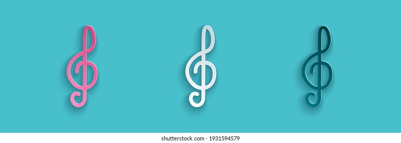Paper cut Treble clef icon isolated on blue background. Paper art style. Vector