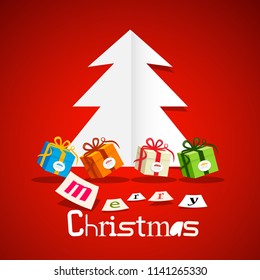Paper Cut Tree with Gift Boxes on Red Background. Vector Merry Christmas Greeting Card Design.
