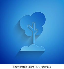 Paper cut Tree in the ground icon isolated on blue background. Forest symbol. Paper art style. Vector Illustration