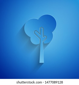 Paper cut Tree icon isolated on blue background. Forest symbol. Paper art style. Vector Illustration