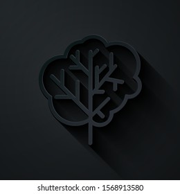 Paper cut Tree icon isolated on black background. Forest symbol. Paper art style. Vector Illustration