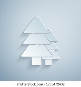 Paper cut Tree icon isolated on grey background. Forest symbol. Paper art style. Vector Illustration