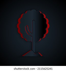Paper cut Tree icon isolated on black background. Forest symbol. Paper art style. Vector