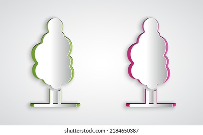 Paper cut Tree icon isolated on grey background. Forest symbol. Paper art style. Vector