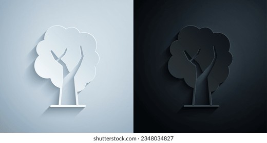 Paper cut Tree icon isolated on grey and black background. Forest symbol. Paper art style. Vector