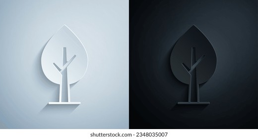 Paper cut Tree icon isolated on grey and black background. Forest symbol. Paper art style. Vector