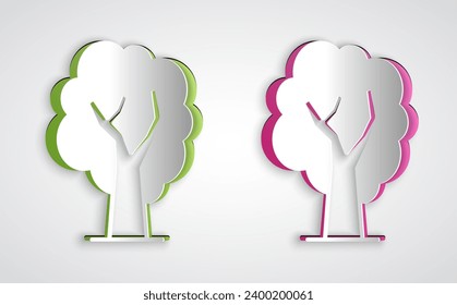 Paper cut Tree icon isolated on grey background. Forest symbol. Paper art style. Vector