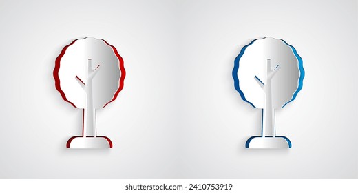 Paper cut Tree icon isolated on grey background. Forest symbol. Paper art style. Vector