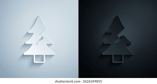 Paper cut Tree icon isolated on grey and black background. Forest symbol. Paper art style. Vector