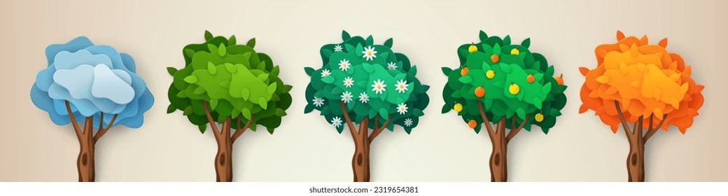 El papel cortó árboles. Arte de temporada de primavera. Flores de otoño y paisaje invernal. Crecimiento veraniego del papeleo. Naturaleza estacional. Ambiente meteorológico. Conjunto de elementos forestales. Concepto de dibujos animados exactos del vector