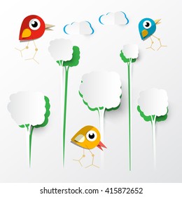 Paper Cut Trees with Vector Birds on Paper Background
