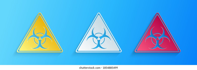 Paper cut Triangle sign with Biohazard symbol icon isolated on blue background. Paper art style. Vector.