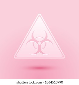 Paper cut Triangle sign with Biohazard symbol icon isolated on pink background. Paper art style. Vector.