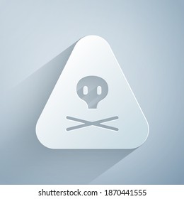 Paper cut Triangle warning toxic icon isolated on grey background. Paper art style. Vector
