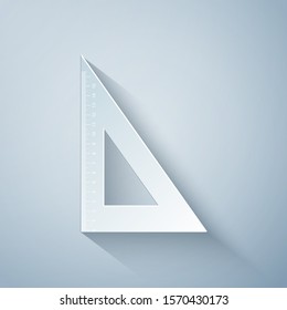 Paper cut Triangular ruler icon isolated on grey background. Straightedge symbol. Geometric symbol. Paper art style. Vector Illustration