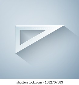 Paper cut Triangular ruler icon isolated on grey background. Straightedge symbol. Geometric symbol. Paper art style. Vector Illustration