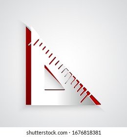 Paper cut Triangular ruler icon isolated on grey background. Straightedge symbol. Geometric symbol. Paper art style. Vector Illustration