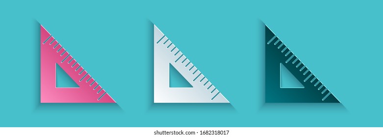 Paper cut Triangular ruler icon isolated on blue background. Straightedge symbol. Geometric symbol. Paper art style. Vector Illustration