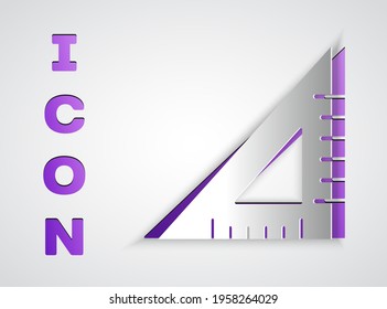 Paper cut Triangular ruler icon isolated on grey background. Straightedge symbol. Geometric symbol. Paper art style. Vector Illustration